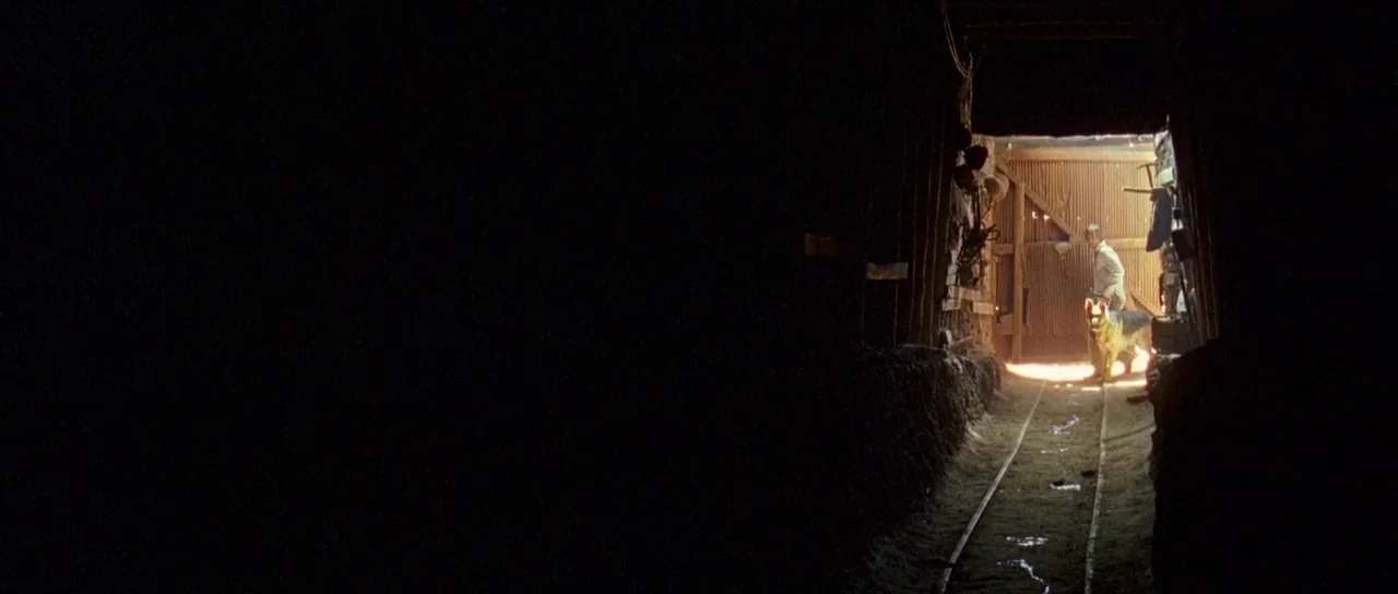 The Hills Have Eyes (2006) movie still: wide — A dark, narrow underground passage leads toward a bright opening covered by corrugated metal. A man…