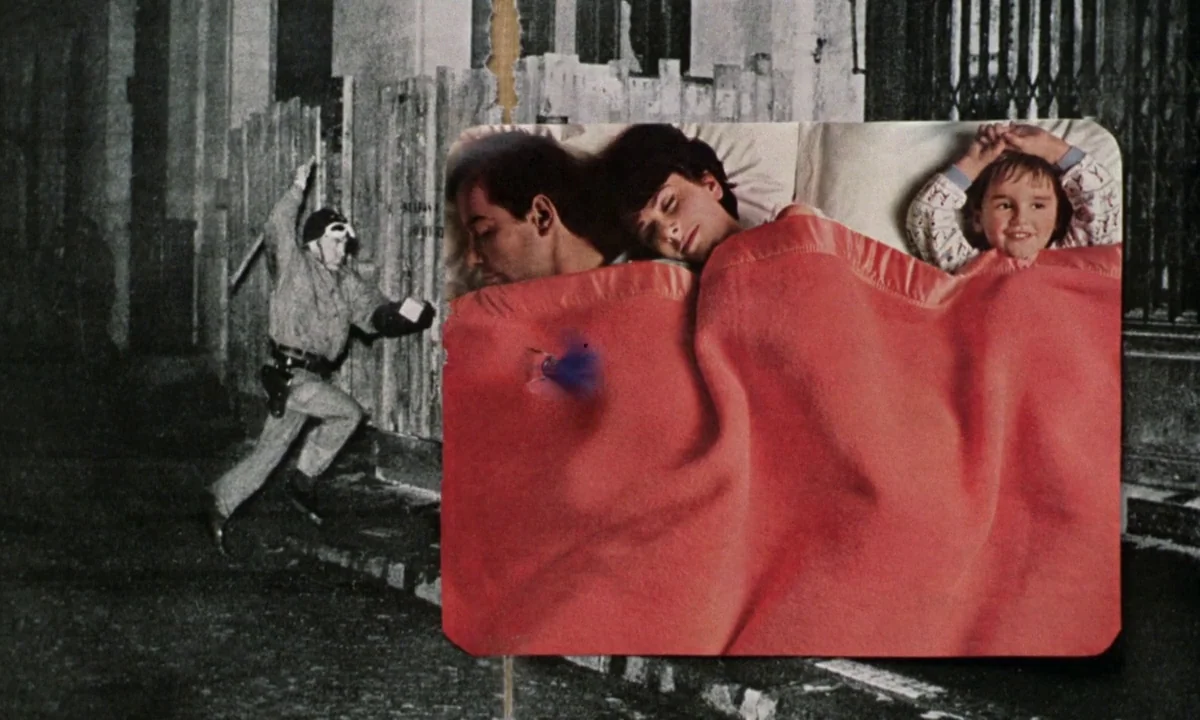 If…. (1968) movie still: wide — A collage composition features a black-and-white photograph of a policeman running alongside a house. Overlaid on…