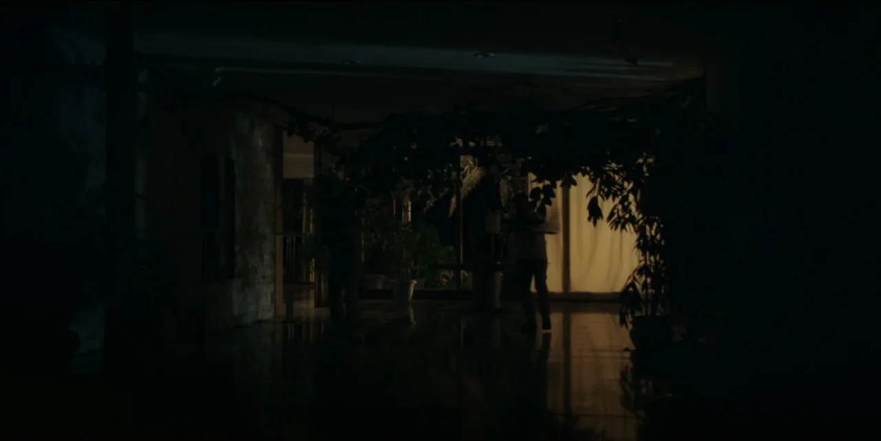 The Hunted (2024) movie still: wide — A dark, modern interior living space is filled with shadows and indoor foliage. A lone figure stands near the…