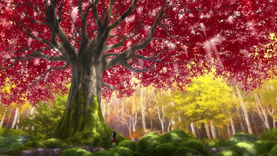 Mushoku Tensei: Jobless Reincarnation (2021) movie still: wide — A giant tree with vibrant red leaves stands in a dense autumn forest. A small child…