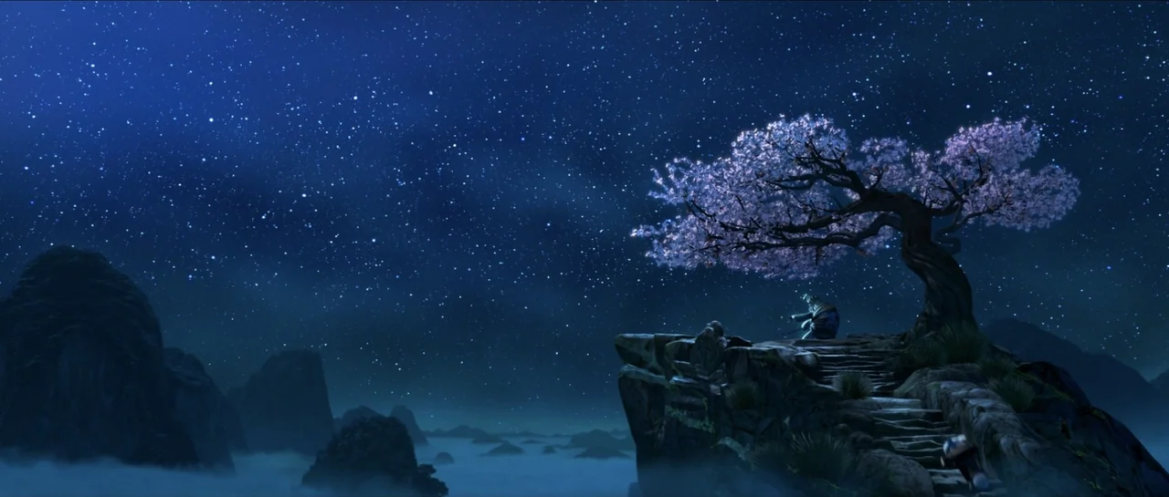 Kung Fu Panda (2008) movie still: wide — A rocky mountain peak features stone steps beneath a large, blooming purple tree. A single turtle sits…