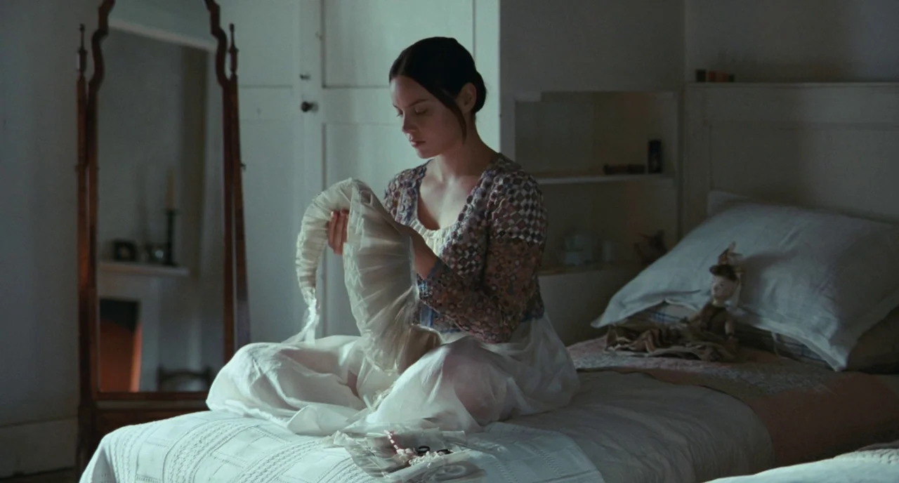 Bright Star (2009) movie still: medium — A light-filled bedroom with a vanity mirror and an unmade white bed. A woman sits on the bed sewing a…
