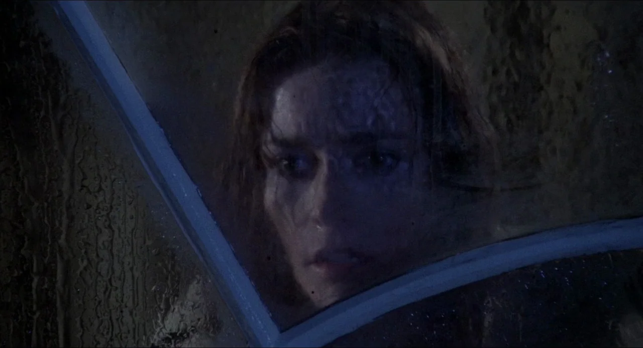 The Amityville Horror (1979) movie still: closeup — A woman stares through a rain-covered glass window at night. Water droplets obscure the view of…