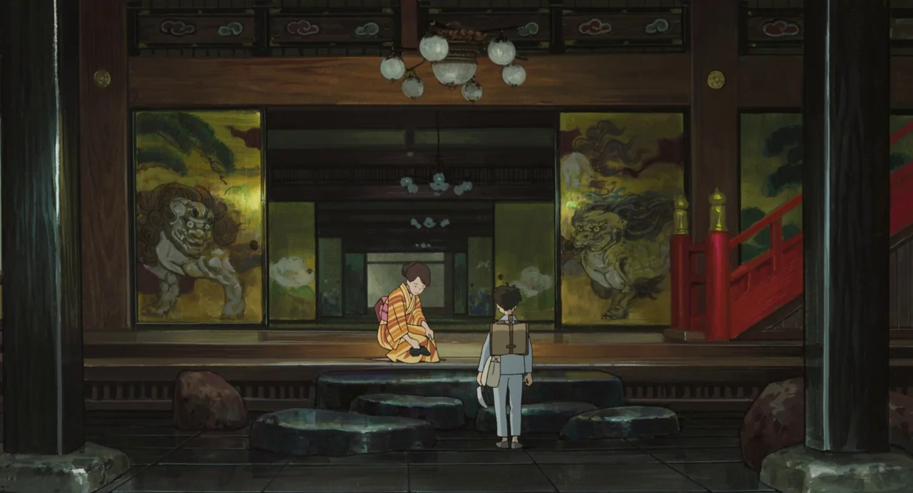 The Boy and The Heron (2023) movie still: wide — A spacious traditional room features sliding doors painted with large mythical lion creatures. A…