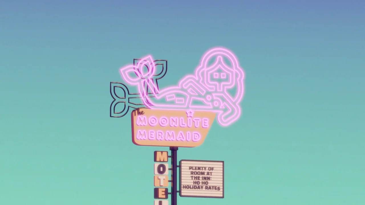 Boys Go To Jupiter (2024) movie still: wide — A stylized motel sign features a pink neon mermaid glowing above text. The sign stands against a…