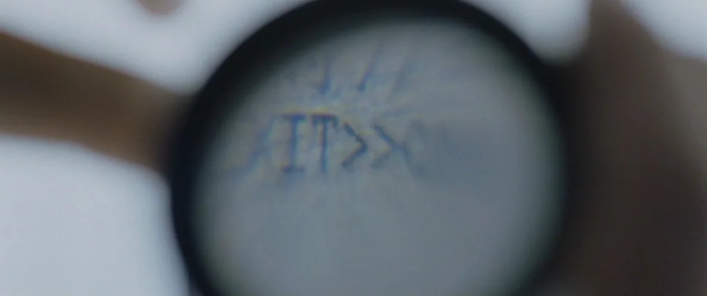 Code 46 movie still: closeup — A close-up view shows a handheld magnifying lens focused on an etched text surface. The text within the glass appears…