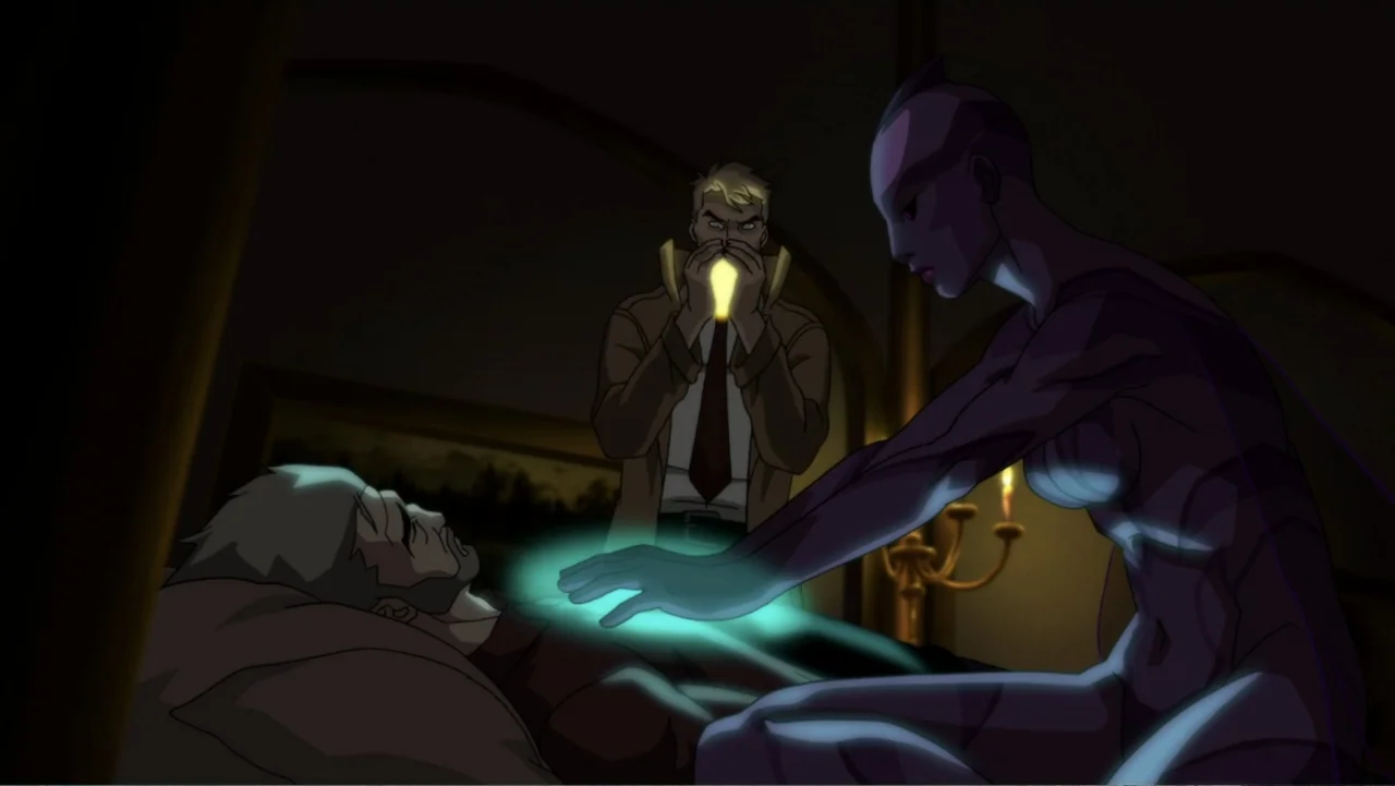 Justice League Dark (2017) movie still: medium — A dark, dimly lit bedroom features an older man lying on a bed. A glowing purple figure touches his…