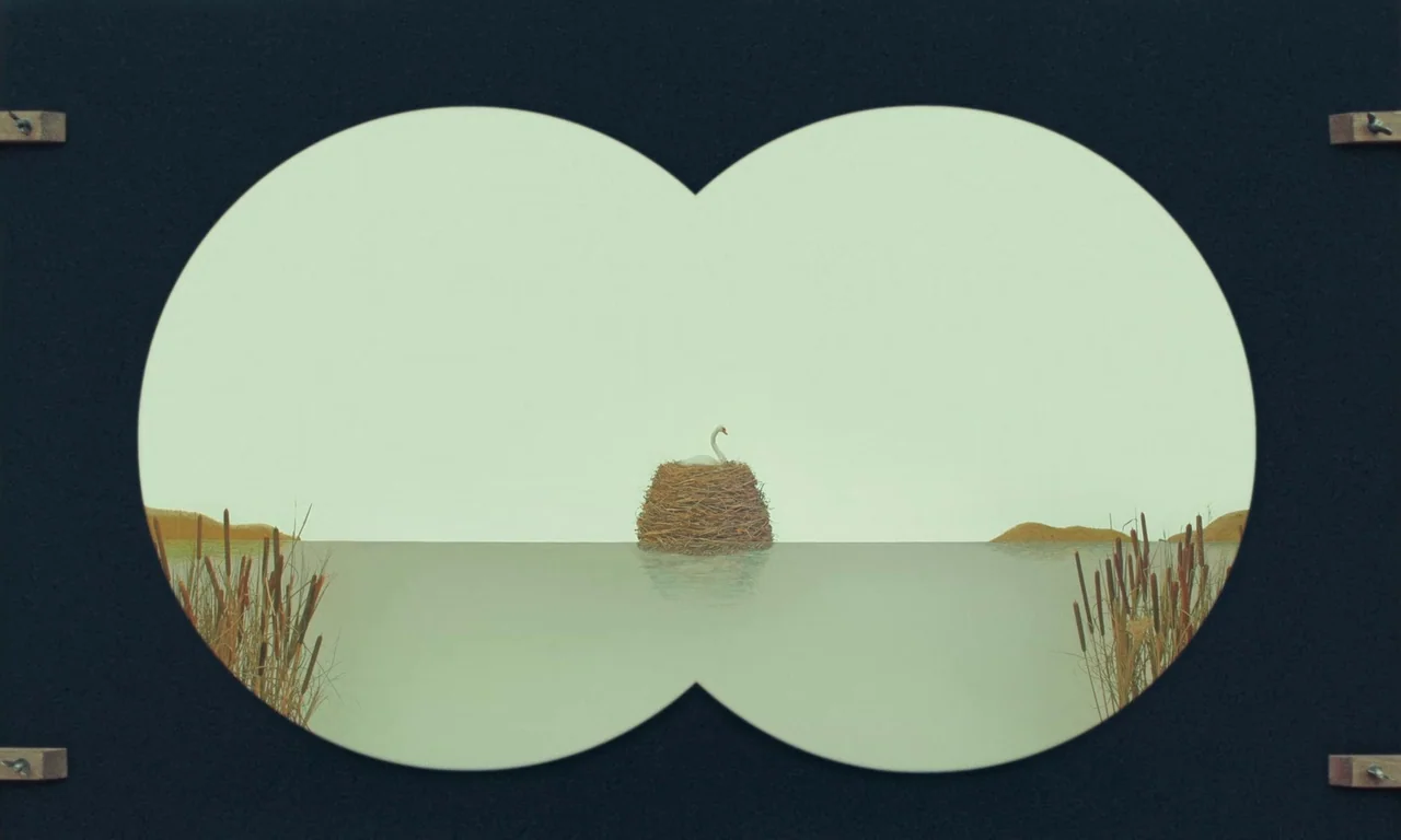 The Swan (2023) movie still: wide — A calm lake view framed by the circular lens of a pair of binoculars. A single white swan rests on a tall, woven…