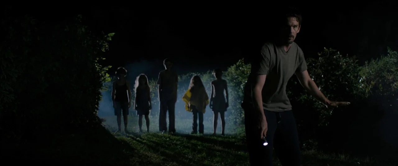 Sinister (2012) movie still: medium — A dark outdoor area at night features dense foliage lining a grassy path. A man stands in the foreground…