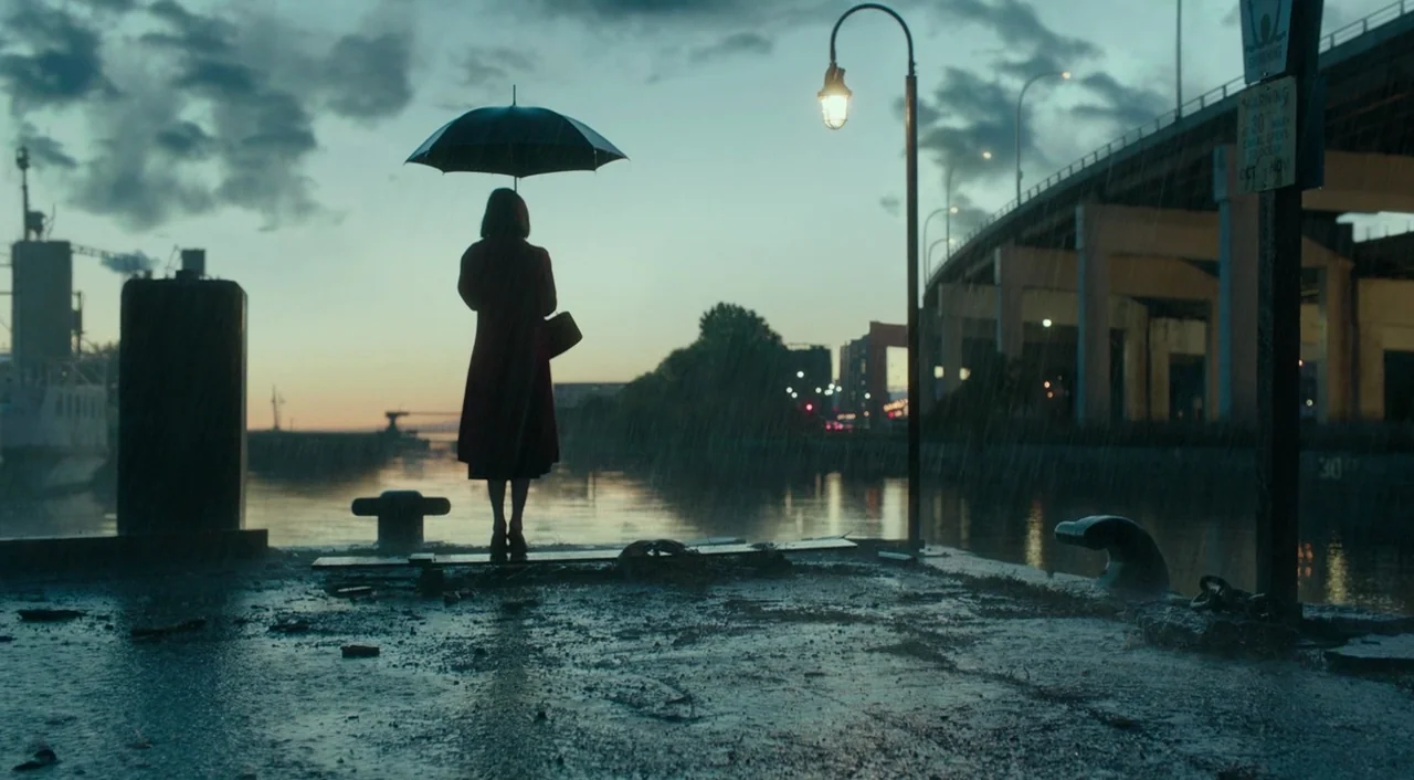 The Shape of Water (2017) movie still: fullbody — A wet concrete pier overlooks a calm canal at twilight during a light rain. A woman in a red coat…