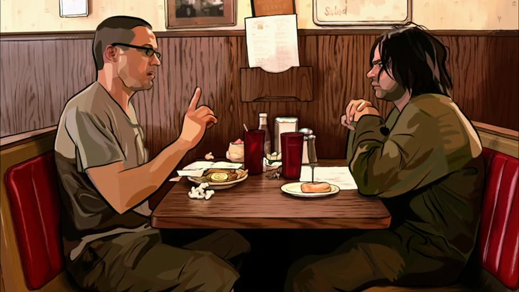 A Scanner Darkly (2006) movie still: medium — A retro-style booth with red vinyl seats in an older establishment. Two men sit at a wood-grain table…