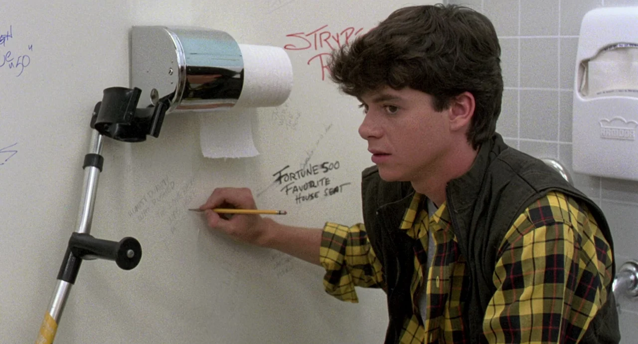 Night of the Creeps (1986) movie still: medium — A tiled wall in a public facility is covered with handwritten pencil graffiti. A teenage boy sits…