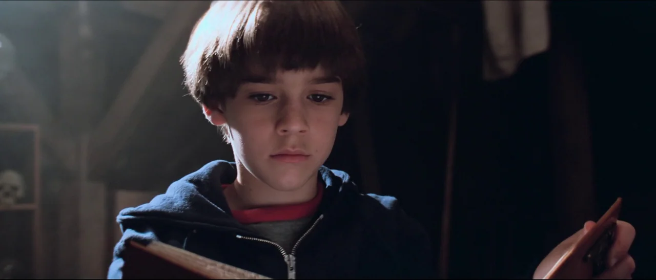 The NeverEnding Story (1984) movie still: closeup — A dark attic contains wooden beams and objects partially obscured by deep shadow. A young boy…
