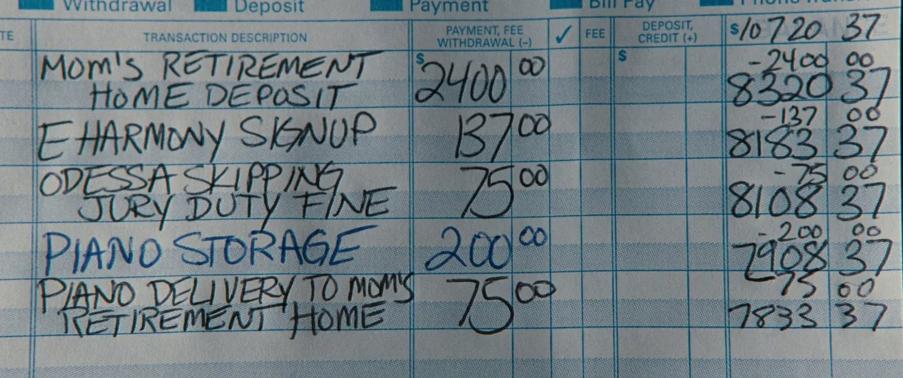 The Secret Life of Walter Mitty (2013) movie still: closeup — A close-up view of a printed bank ledger with handwritten transaction entries. The…