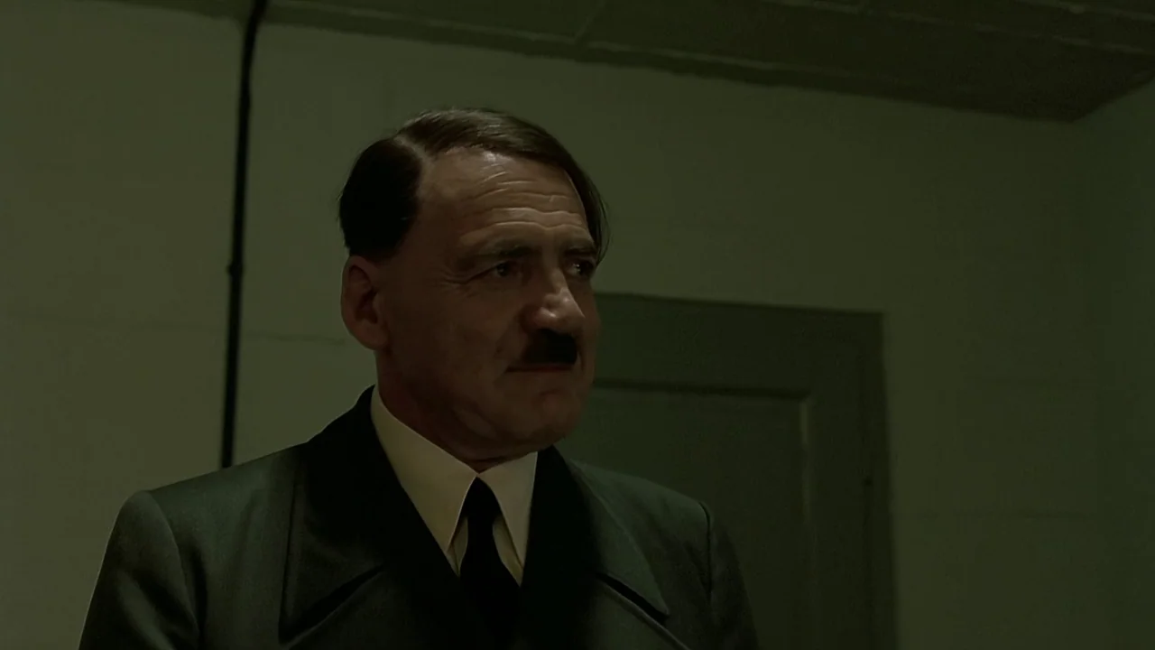 Downfall (2004) movie still: medium — A dimly lit room with simple wall construction and a closed door in background. A middle-aged man in uniform…