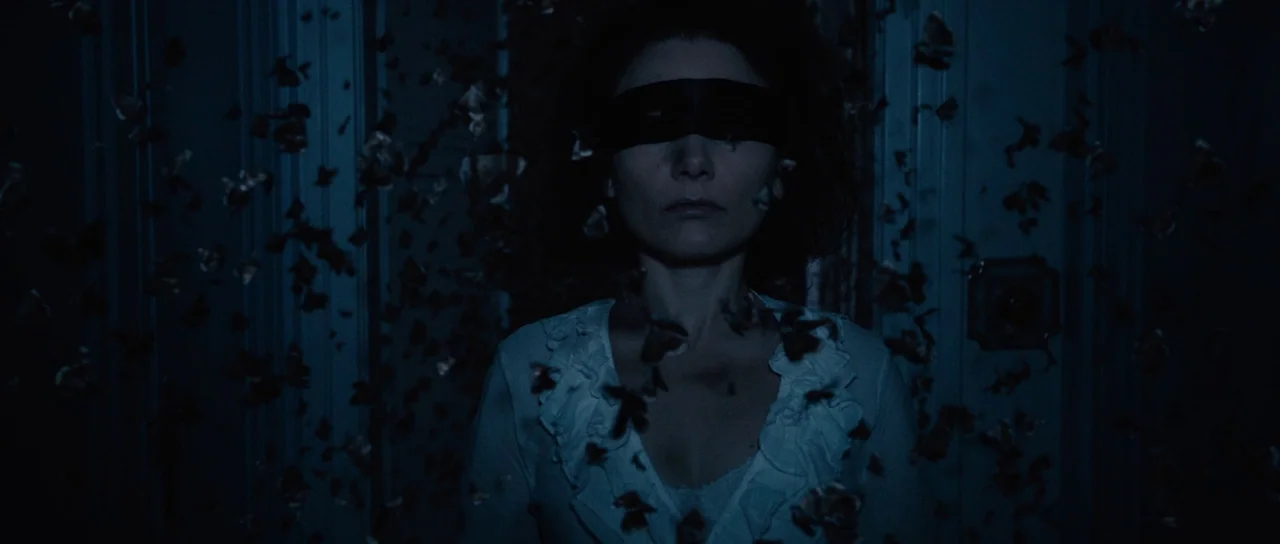 The Duke of Burgundy (2014) movie still: medium — A dark, narrow interior space filled with a swarm of flying moths. A woman with a blindfold stands…