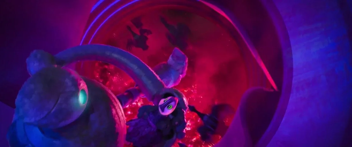 The Wild Robot (2024) movie still: medium — A circular dark metallic tunnel is illuminated by intense neon magenta light. A robotic character with a…