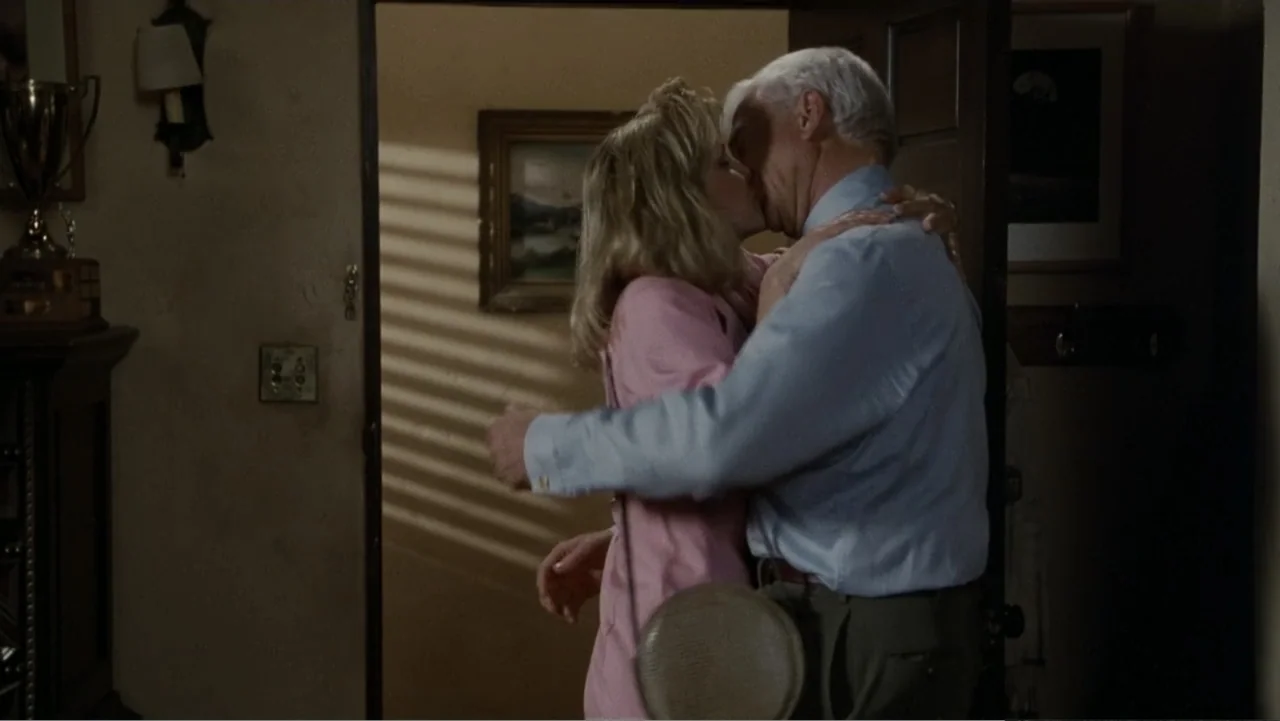 The Naked Gun: From the Files of Police Squad! (1988) movie still: medium — A residential interior showing a doorway with window blinds casting…