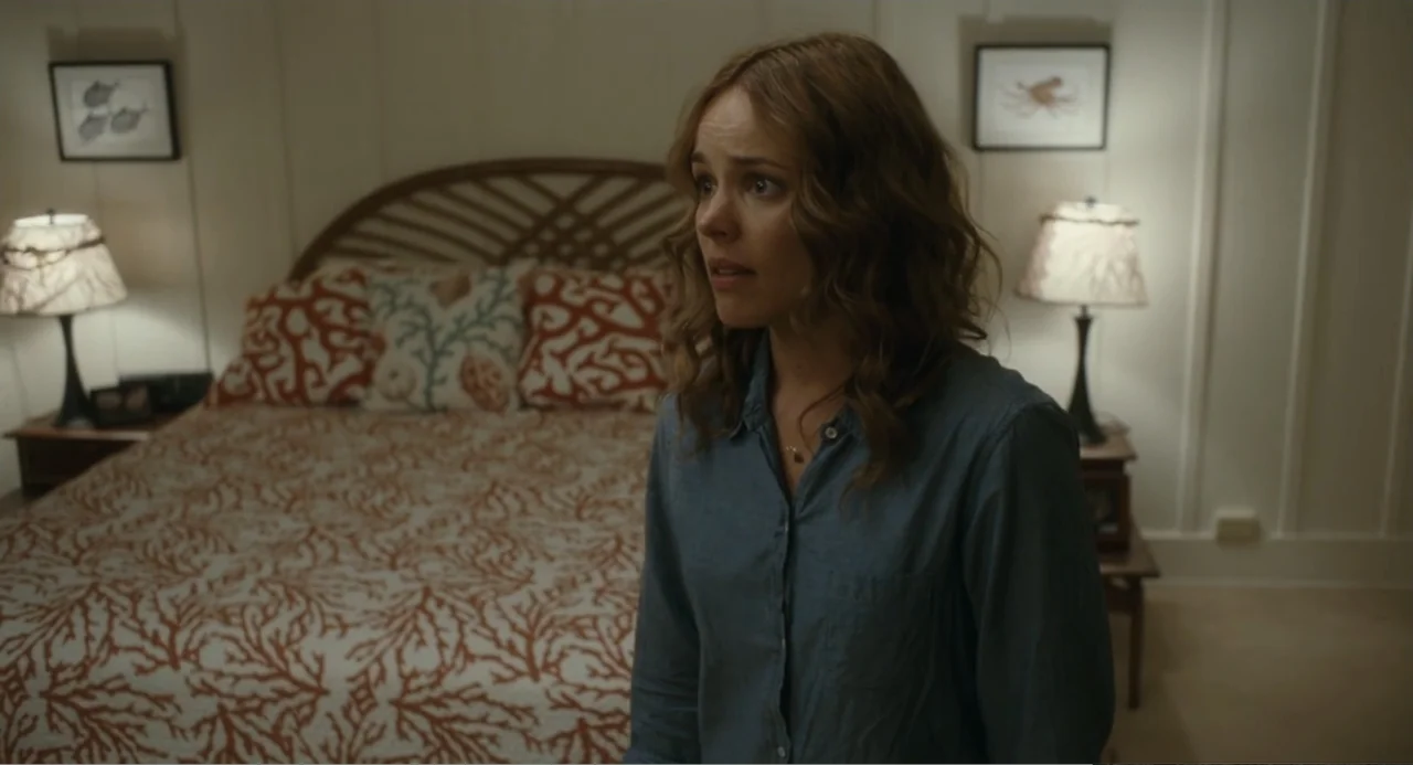 Aloha (2015) movie still: medium — A hotel bedroom features wood-paneled walls and a bed with patterned coral-themed bedding. A woman stands in the…