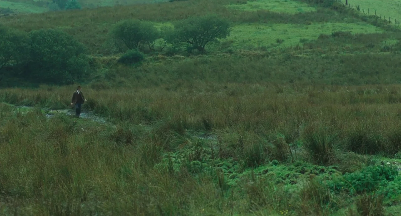 Jimmy’s Hall (2014) movie still: wide — A sprawling, uneven green landscape filled with tall wet grasses and small shrubs. A lone man walks across…
