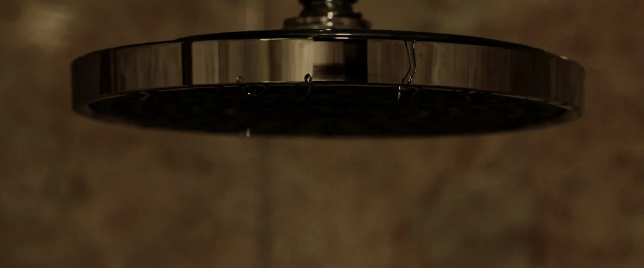 Winnie-the-Pooh: Blood and Honey 2 (2024) movie still: closeup — A close-up view of a chrome showerhead suspended against a dark wall. Several water…