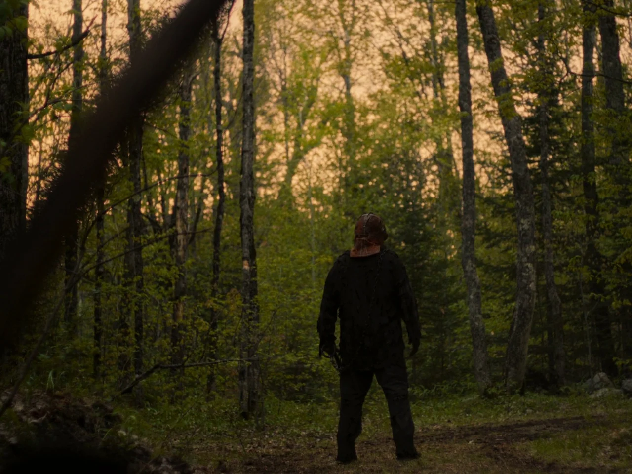 In A Violent Nature (2024) movie still: fullbody — Dense woodland clearing at golden hour with tall trees and sparse ground vegetation. A lone…