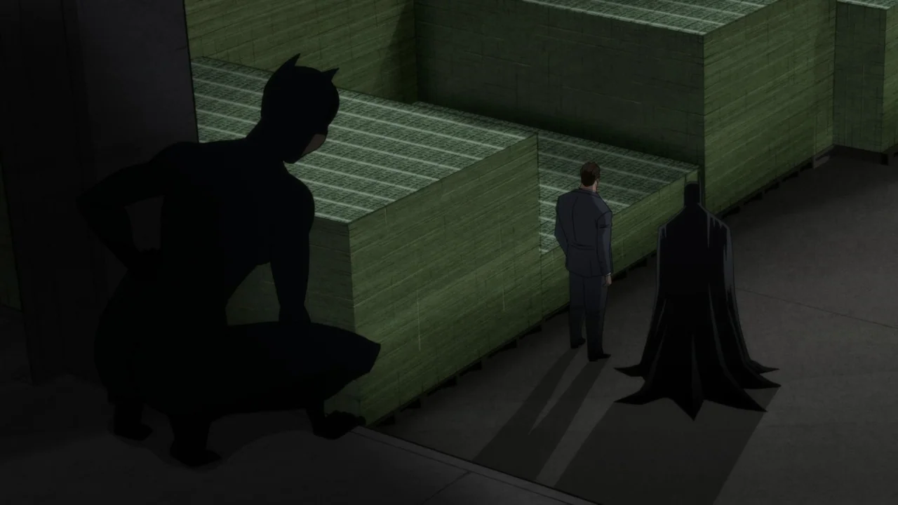 Batman: The Long Halloween, Part One (2021) movie still: wide — A dark industrial interior features high stacks of currency pallets under dim…