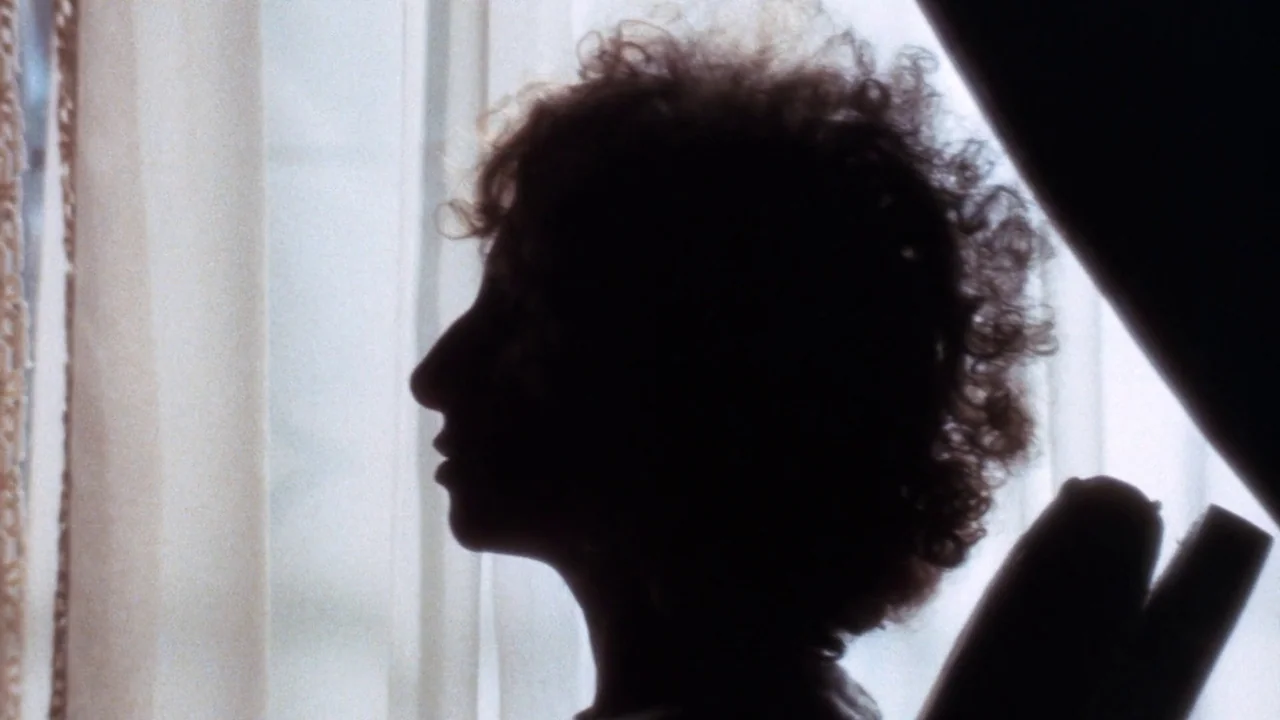 A Star Is Born (1976) movie still: closeup — A silhouette of a person appears against bright white sheer curtains in a room. The person stands in…