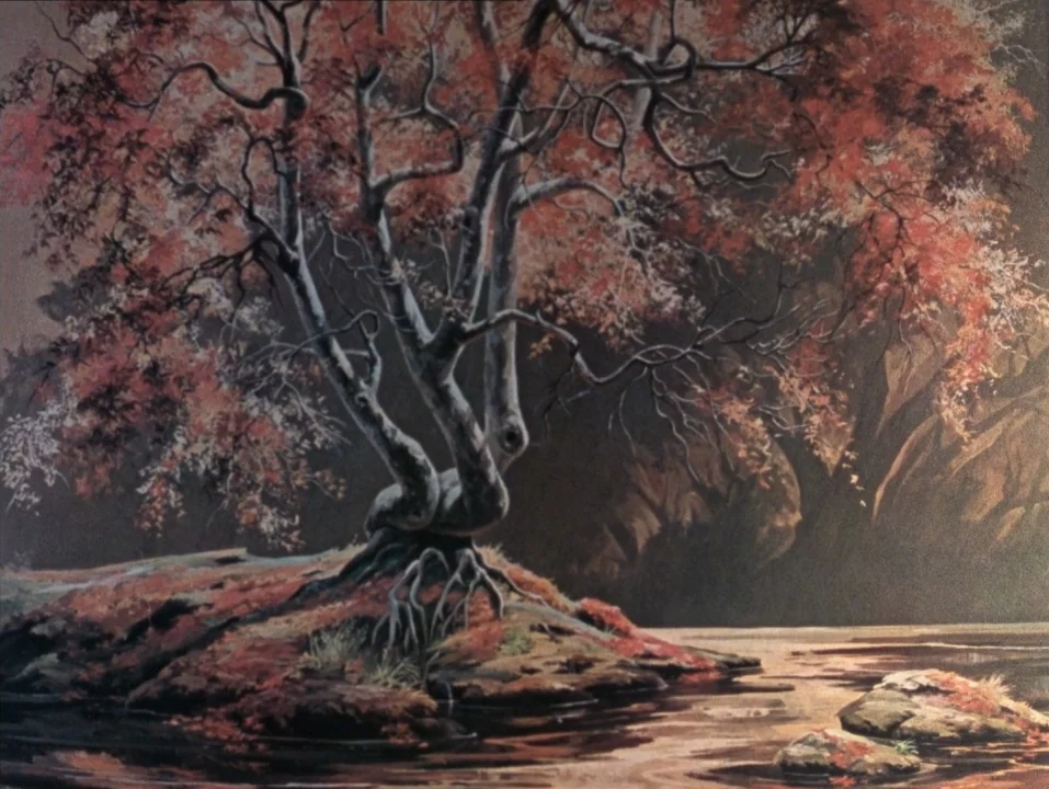 River of Grass (1994) movie still: establishing — A painted animation background shows a gnarled tree with red leaves by a river. The river flows…
