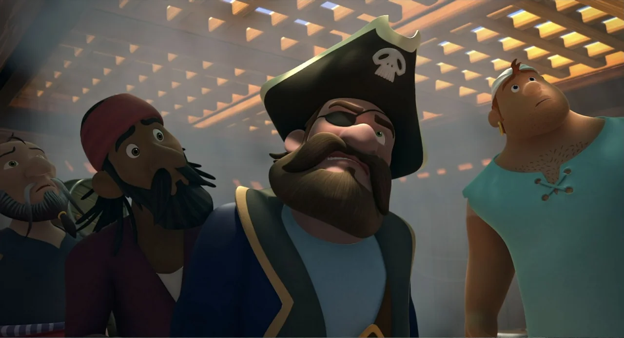 Capt'n Sharky (2018) movie still: medium — A wooden interior of a ship features a slatted ceiling with light streaming through. Three stylized…