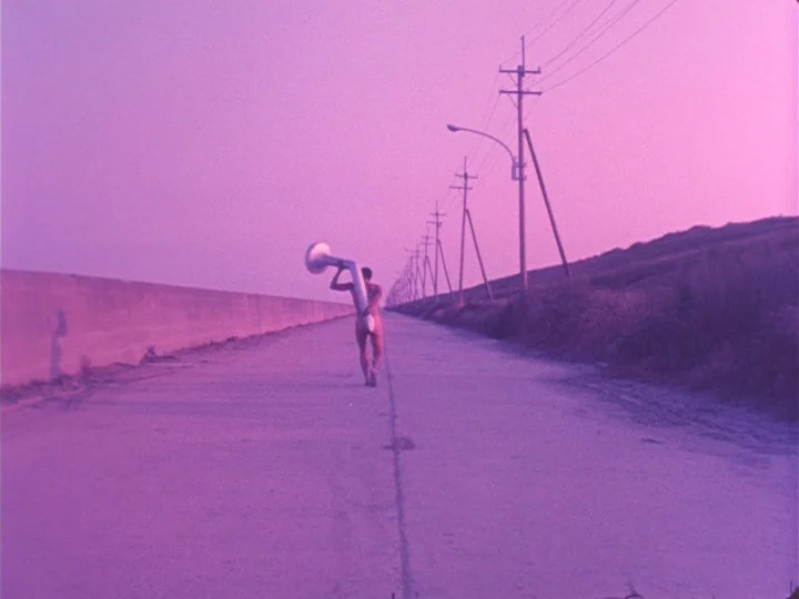 Trial (1975) movie still: wide — A long, straight paved road extends into the distance between a concrete barrier and brush. A nude man walks away…