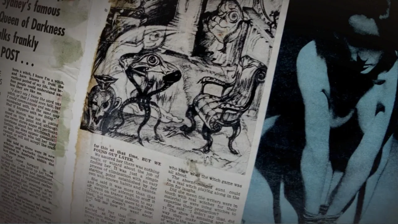 The Witch of Kings Cross (2020) movie still: wide — A close-up view of a newspaper page containing printed text and a surreal black-and-white ink…
