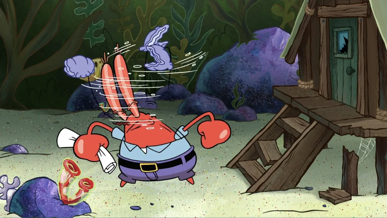 SpongeBob Squarepants: Kreepaway Kamp (2024) movie still: medium — A sandy ocean floor features a small wooden stilt shack with a broken window. Mr.…