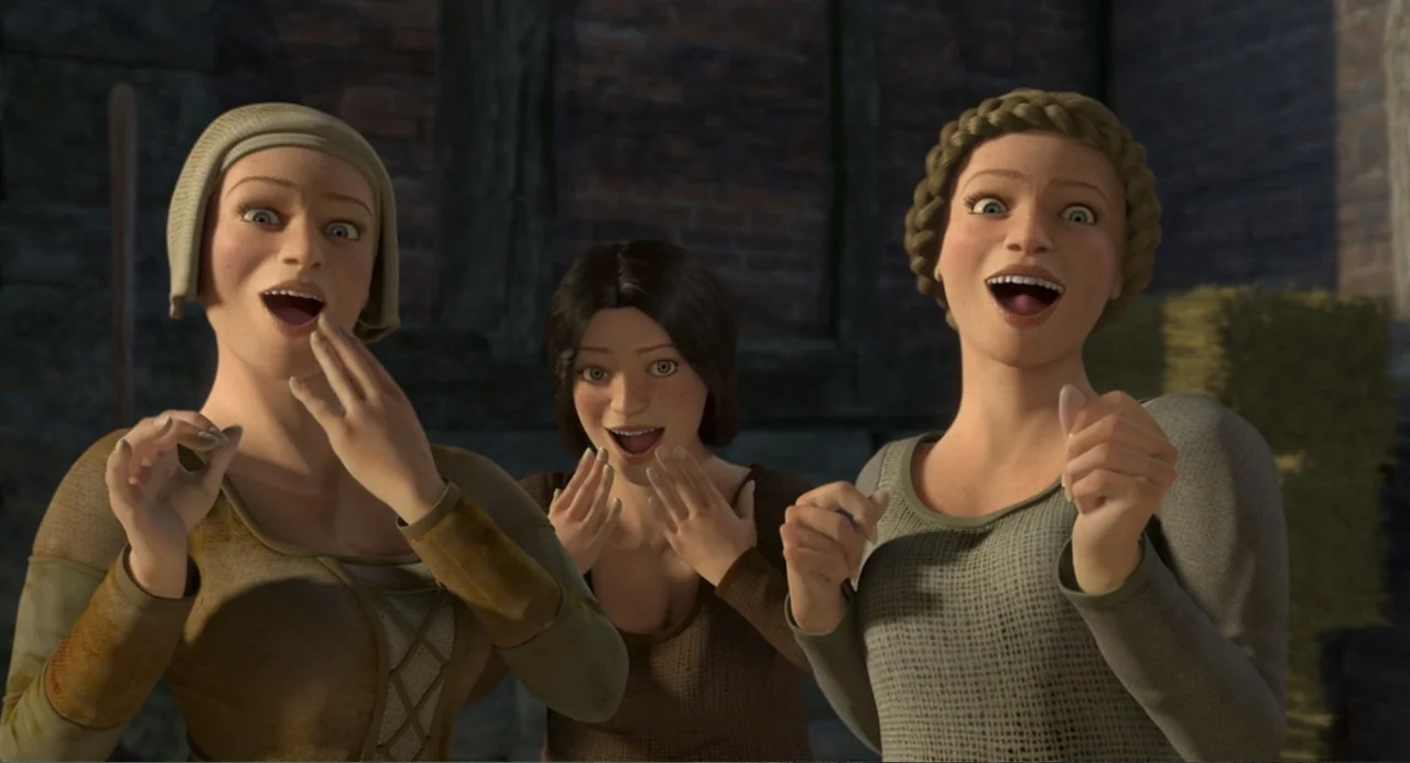 Shrek 2 (2004) movie still: medium — Three young women stand against a rustic brick wall in an outdoor setting. They appear surprised and excited…