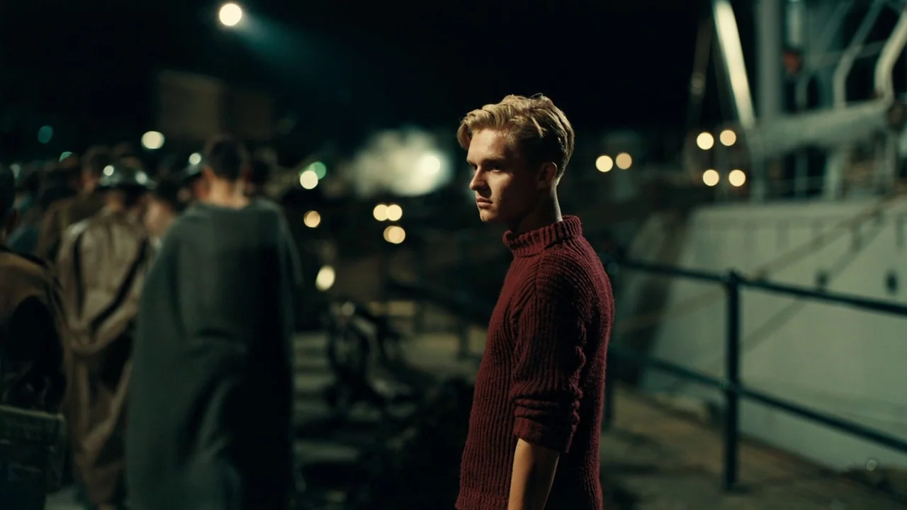 Dunkirk (2017) movie still: medium — A nighttime scene at a harbor with soldiers standing in the dimly lit background. A young blond man in a red…