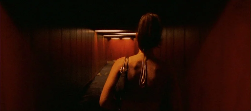 Irréversible (2002) movie still: medium — A long, narrow pedestrian tunnel with dark walls and dim overhead lighting. A woman walks away from the…