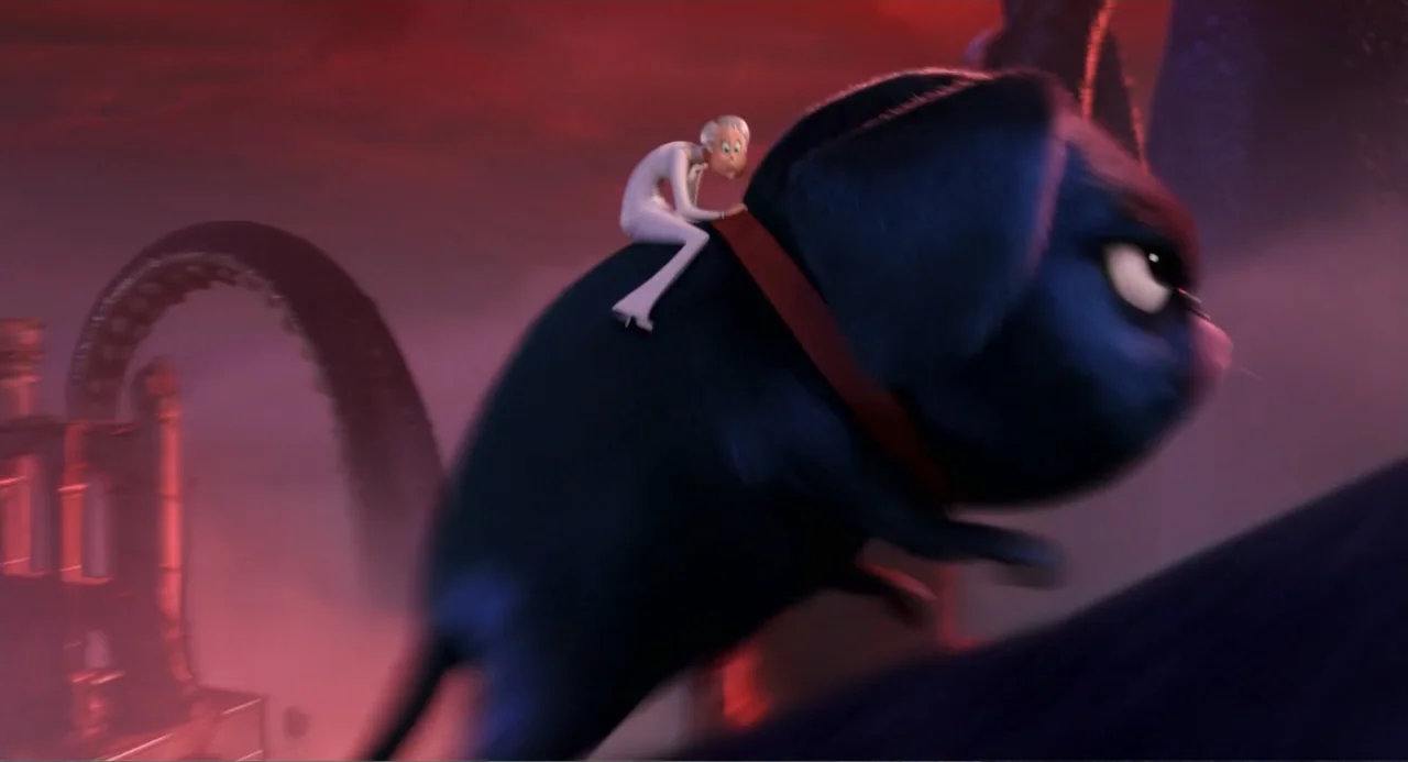 Hotel Transylvania 3: Summer Vacation (2018) movie still: medium — A dark, atmospheric landscape under a red-hued sky with silhouetted architectural…