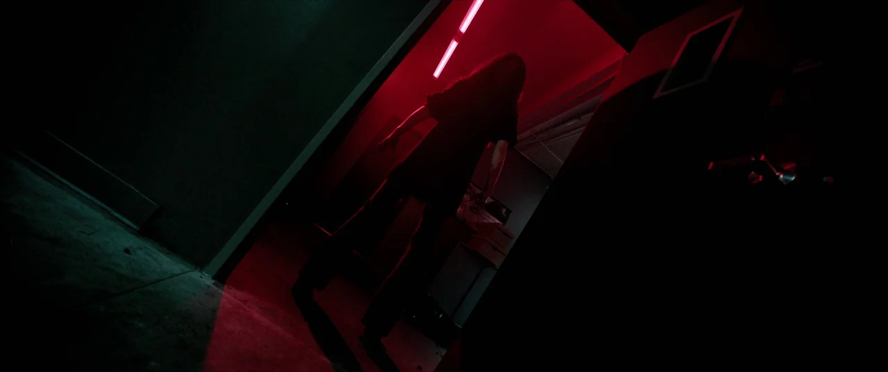 Malignant (2021) movie still: fullbody — A dark hallway transitions into a room illuminated by harsh, vibrant red light. A person stands facing away…
