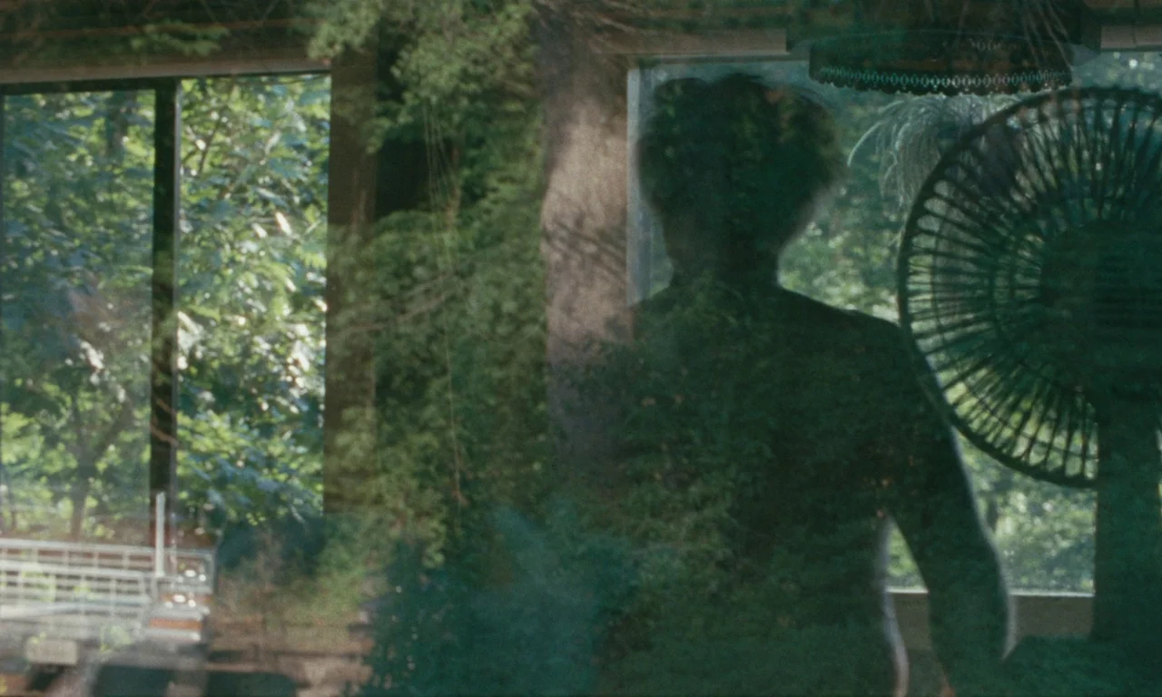 Janet Planet (2023) movie still: medium — A glass-enclosed room overlooks a dense forest with lush green foliage outside. A person stands before the…