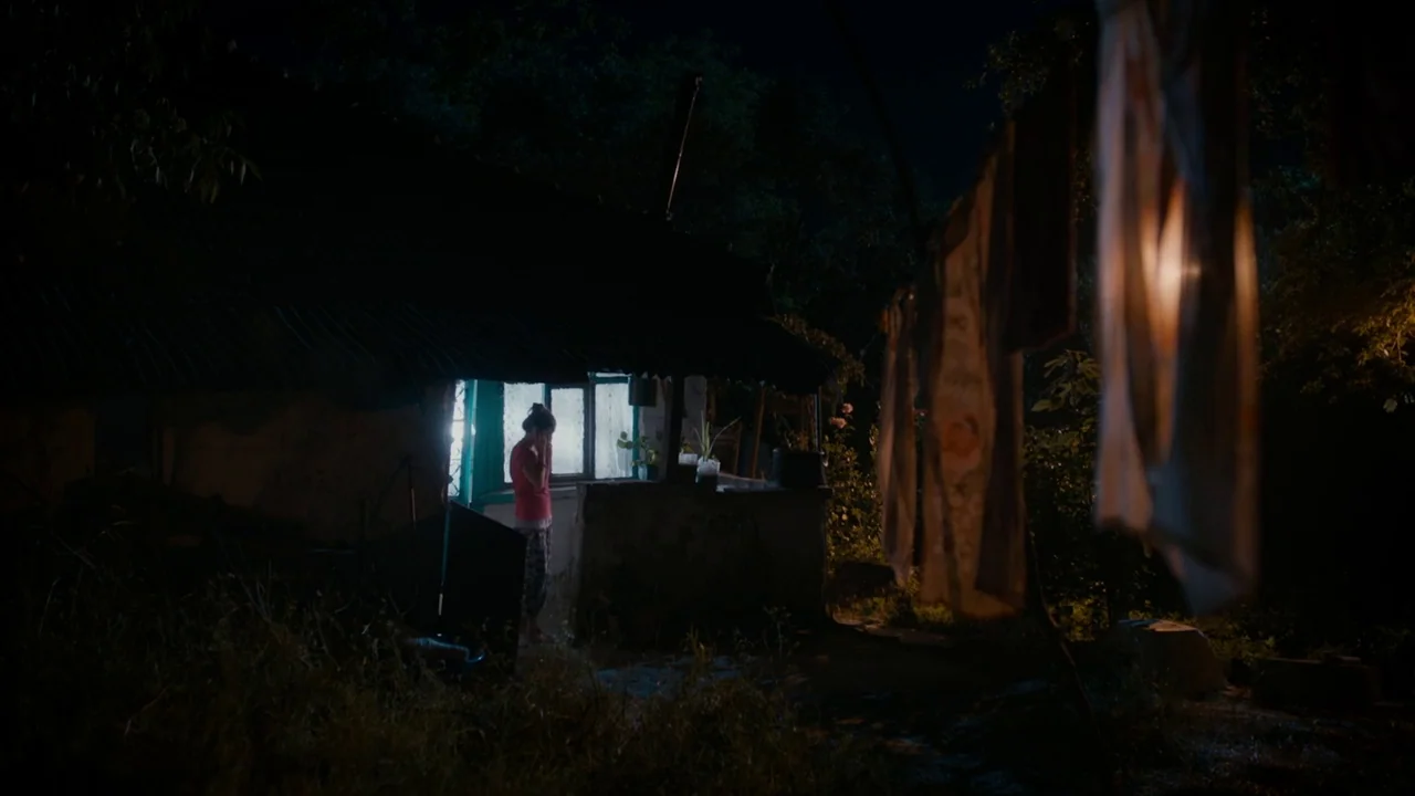 The Field Guide to Evil (2018) movie still: wide — A small rustic house exterior at night with a clothesline in the foreground. A woman stands by an…