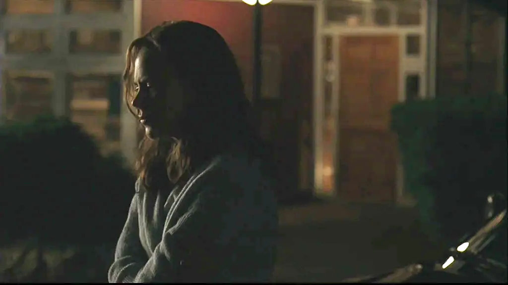 Margot At The Wedding (2007) movie still: medium — A dark residential street at night features a house facade visible in the background. A woman in…