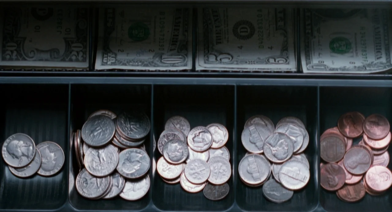 The Doom Generation (1995) movie still: closeup — A plastic cash register drawer is filled with assorted American coins and bills. Denominations are…