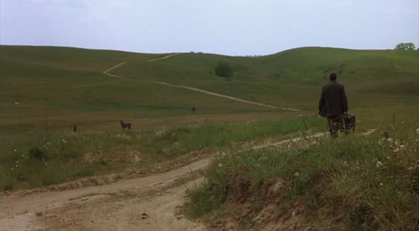 Invincible (2001) movie still: wide — A vast, rolling green landscape features a winding dirt track cutting through grassy hills. A man walks away…