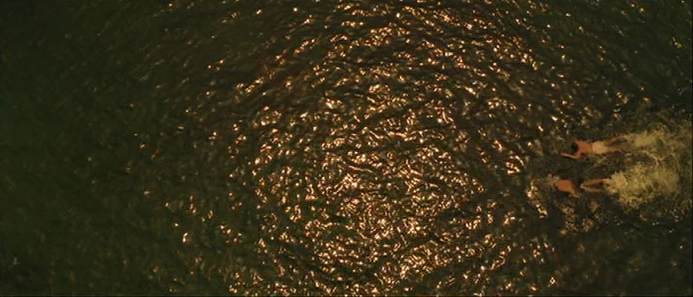 Gattaca (1997) movie still: wide — A dark expanse of water fills the frame with shimmering golden sunlight reflections. Two swimmers move through…