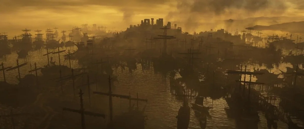 How to Train Your Dragon: The Hidden World (2019) movie still: establishing — A dense, foggy harbor is crowded with numerous wooden sailing ships at…