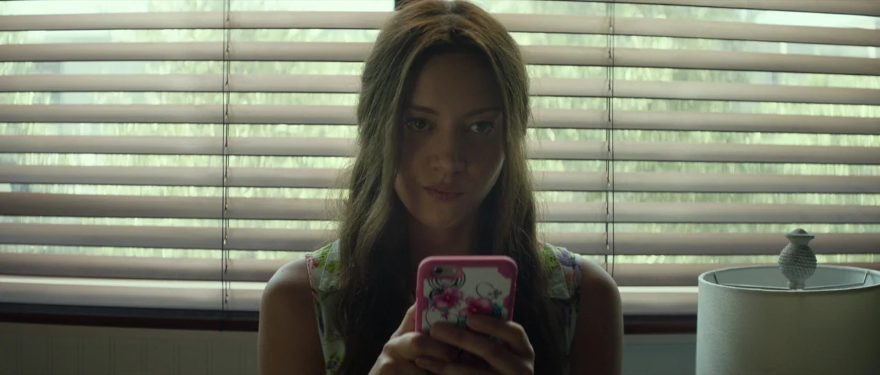 Ingrid Goes West (2017) movie still: medium — A person sits in front of horizontal window blinds during the daytime. The subject is centered in the…