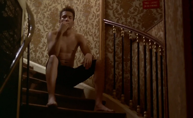 I Can’t Sleep (1994) movie still: fullbody — A dark stairwell features ornate floral wallpaper and a wooden banister with black railings. A…