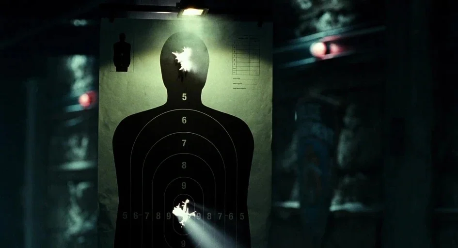 A Good Day to Die Hard (2013) movie still: closeup — A dark, dimly lit indoor shooting range features a paper human silhouette target. Two bright,…