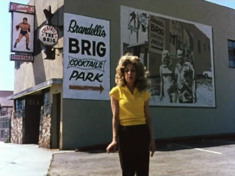 Mur Murs (1981) movie still: fullbody — A woman stands before the exterior wall of a building adorned with large signage. Painted murals and vintage…