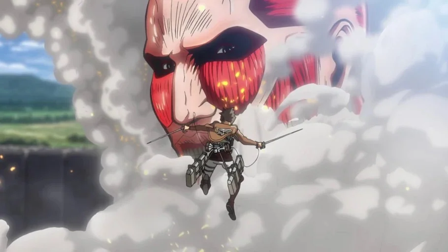 Attack on Titan (2013) movie still: wide — A giant skinless humanoid creature emerges from a massive plume of white smoke. A soldier wearing gear…